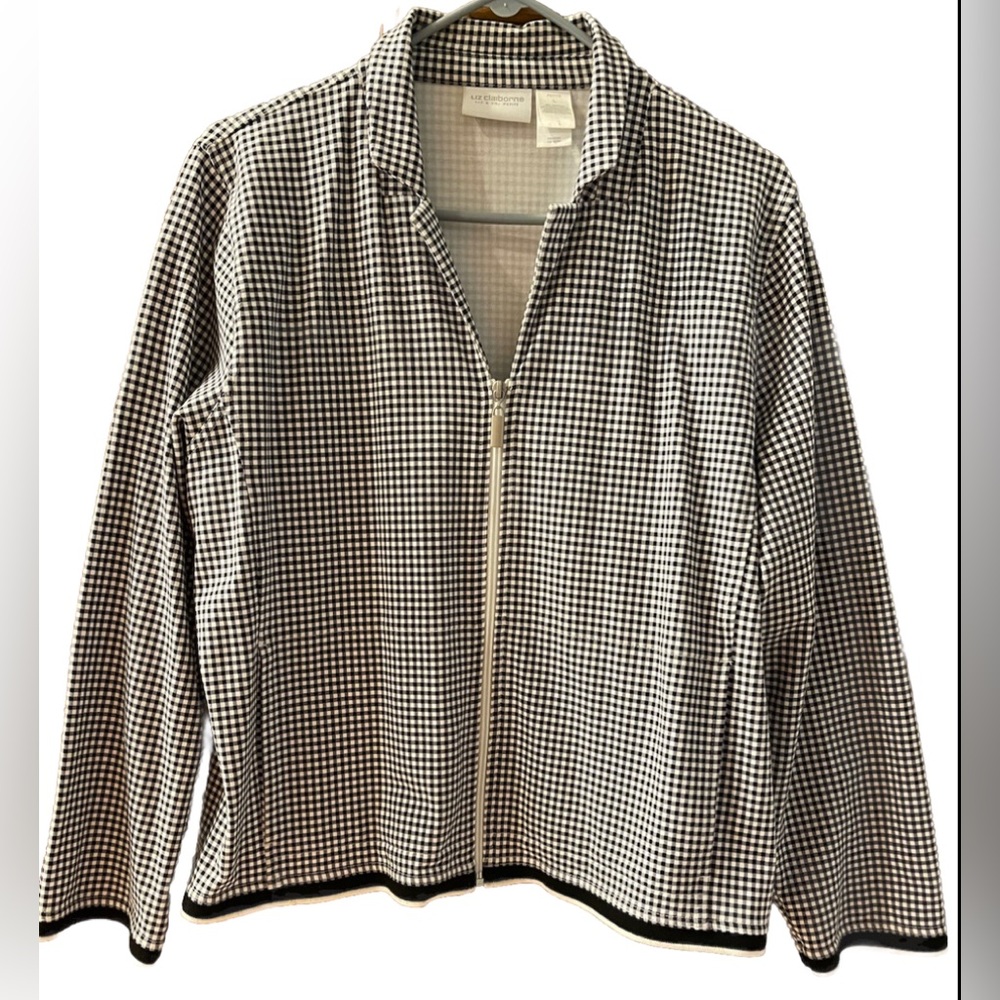 Liz Claiborne Liz & Co. Black White Checks Logo Zipper Pull Blazer Sport Jacket